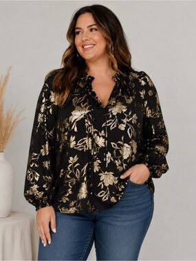 Haven & Blair metallic Black and gold floral print long sleeve blouse size 1X